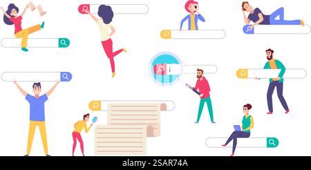 Search bars people. Characters with user interface elements for browser pages exact vector website concept illustrations of online bar search window. Search bars people. Characters with user interface elements for browser pages exact vector website concept illustrations Stock Vector