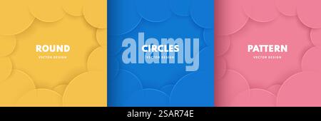 Set of abstract pastel yellow, pink, blue round circles pattern background with copy space. Simple flat minimal template banner design. Use for book cover, poster, web, Print ad. Vector illustration. Stock Vector