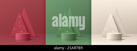 Set of 3D abstract background with red, cream, green realistic cylinder podium. Neon bulb light on triangles christmas tree. Vector mockup product display. New year minimal wall scene. Stage showcase. Stock Vector