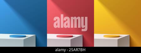 Set of abstract 3D background with yellow, blue, red realistic cylinder stand product podium. Deck or table with window light. Vector geometric form, Mockup display. Minimal wall scene. Stage showcase Stock Vector