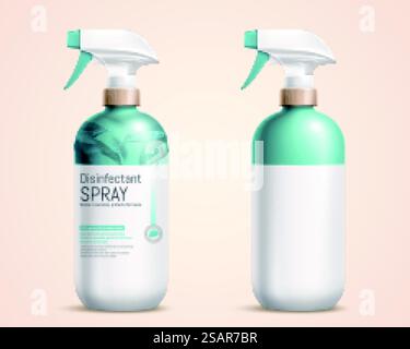 3d illustration of trigger spray bottle mock-ups, one with label design and one without, isolated on light yellow background. Realistic spray bottle set Stock Vector