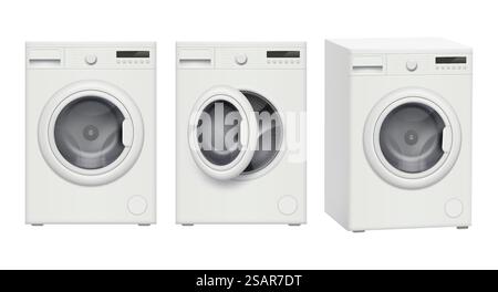 Washing machine. Laundry service technics hygiene items decent vector realistic washing machine. Illustration laundry machine equipment. Washing machine. Laundry service technics hygiene items decent vector realistic washing machine Stock Vector