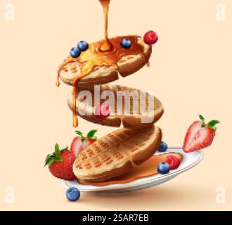 3d illustration of honey pouring on thick and crispy toaster waffles with falling berry fruits over yellow background. Toaster waffles 3d illustration Stock Vector