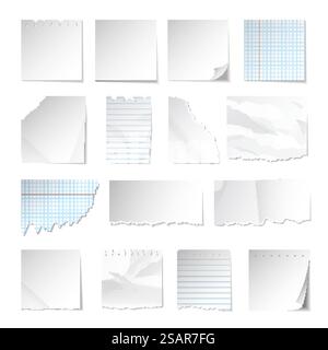 Notes paper. Realistic geometrical notepad papers with sticky tape torn and crumpled corners recent vector templates. Notepad realistic page, note blank paper. Notes paper. Realistic geometrical notepad papers with sticky tape torn and crumpled corners recent vector templates Stock Vector