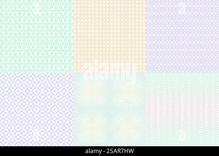 Guilloche background. Seamless thin line holographic watermark pattern. Diploma and voucher graphic protection. Banknote or certificate abstract prints. Security swirly ornaments. Vector textures set. Guilloche background. Seamless line holographic watermark pattern. Diploma and voucher graphic protection. Banknote or certificate prints. Security swirly ornaments. Vector textures set Stock Vector