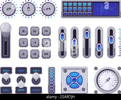 Control panels. Ui elements buttons checkboxes switch dots electric meter display music amplified volume control dashboards garish vector templates. Illustration of button panel control. Control panels. Ui elements buttons checkboxes switch dots electric meter display music amplified volume control dashboards garish vector templates Stock Vector