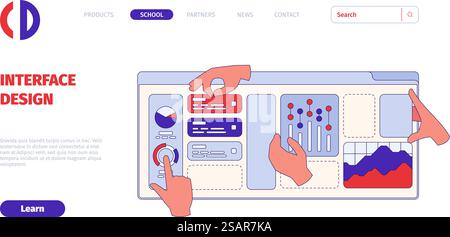 Interface designing landing. Ui building processes hand holding and moving different geometrical shapes and buttons garish vector web page template. Illustration of development web. Interface designing landing. Ui building processes hand holding and moving different geometrical shapes and buttons garish vector web page template Stock Vector