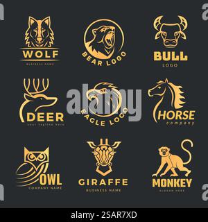 Animals logo. Business identity symbols with stylized pictures of different animals veterinary clinic pets love vector illustration with place for text. Animal logotype identity, bird and monkey. Animals logo. Business identity symbols with stylized pictures of different animals veterinary clinic pets love recent vector illustration with place for text Stock Vector