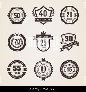 Anniversary badges. Celebration dates numbers emblems in vintage style recent vector anniversary templates. Illustration of celebration birthday badge jubilee. Anniversary badges. Celebration dates numbers emblems in vintage style recent vector anniversary templates Stock Vector