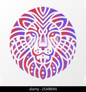Detailed lion head illustration enclosed in a circular shape, featuring intricate tribal patterns and a red-blue gradient color scheme. Stock Vector