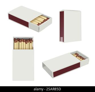Matchboxes. Realistic burning stick matches containers for wooden matches decent vector templates set. Illustration of match realistic and matchbox. Matchboxes. Realistic burning stick matches containers for wooden matches decent vector templates set Stock Vector