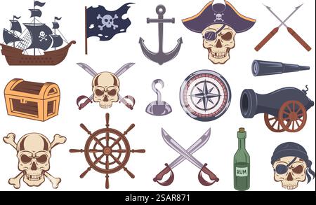 Pirate emblems. Black symbols of pirates drawing elements bones skull sailor vintage ship tattoo exact vector set of rum and cannon, sword and skull illustration. Pirate emblems. Black symbols of pirates drawing elements bones skull sailor vintage ship tattoo exact vector set Stock Vector