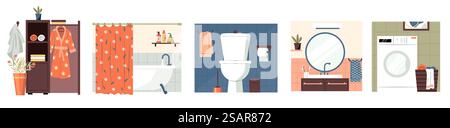 Cartoon bathroom and toilet interiors. Bathroom with washbasin and shower, minimalistic lavatory with shelves and cabinet flat style. Vector illustration of bathroom interior with shower. Cartoon bathroom and toilet interiors. Bathroom with washbasin and shower, minimalistic lavatory with shelves and cabinet flat style. Vector illustration Stock Vector