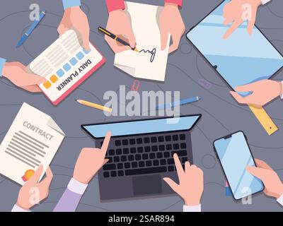 Teamwork top view. Business managers working together sitting at table and holding papers and smartphones writing at laptop garish vector background. Illustration of teamwork office business. Teamwork top view. Business managers working together sitting at table and holding papers and smartphones writing at laptop garish vector background Stock Vector