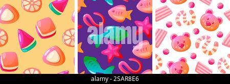 Jelly gum pattern. Seamless print of colorful sweet chewy candy, cartoon repetitive texture of different shapes. Vector texture. Multicolored sugar marmalade fish, stars, warms and bears. Jelly gum pattern. Seamless print of colorful sweet chewy candy, cartoon repetitive texture of different shapes. Vector texture Stock Vector