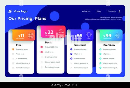 Product price table. Business subscription plan comparison spreadsheet with features checklist and discount pricing tabs. Service tariff choice infographic template. Vector website interface design. Product price table. Business subscription plan comparison spreadsheet with features checklist and discount pricing tabs. Tariff choice infographic template. Vector website interface Stock Vector