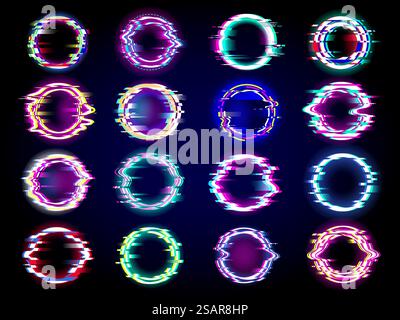Glitches collection. Neon glowing circle glitches templates pixel rings with place for text recent vector noise visualization. Illustration of circle glitch glow. Glitches collection. Neon glowing circle glitches templates pixel rings with place for text recent vector noise visualization Stock Vector