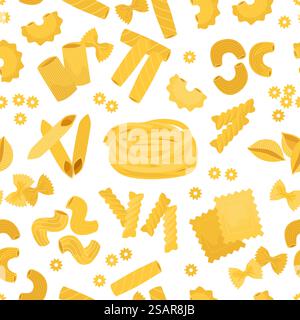 Pasta pattern. Seamless print with doodle Italian wheat pasta, home made dough food, yellow farfalle, spaghetti and tagliatelle. Dry cavatappi, fusilli and penne. Vector texture on white background. Pasta pattern. Seamless print with doodle Italian wheat pasta, home made dough food, yellow farfalle, spaghetti and tagliatelle. Dry cavatappi, fusilli and penne. Vector texture Stock Vector