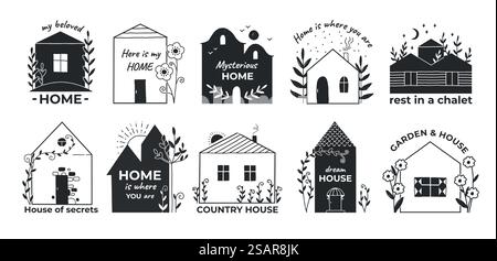 Home hand drawn logo. Doodle village barn and countryside cottage with garden. Real estate sketch emblems for rental property. Cute houses and plants. Vector isolated rural residential buildings set. Home hand drawn logo. Doodle village barn and countryside cottage with garden. Real estate sketch emblems for rental property. Houses and plants. Vector rural residential buildings set Stock Vector
