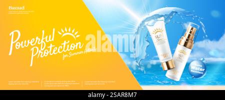 Powerful sunscreen banner with water protective shield on blue sky in 3d illustration. Sunscreen with protective shield Stock Vector