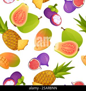Exotic fruits pattern. Seamless print with fresh sweet pineapple and mango. Juicy guava and fig. Whole or pieces of mangosteen. Summer jungle food background. Vector tropical cartoon texture mockup. Exotic fruits pattern. Seamless print with sweet pineapple and mango. Juicy guava and fig. Whole or pieces of mangosteen. Summer jungle food background. Vector tropical cartoon texture Stock Vector