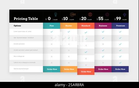 Comparison table. Business plan pricing grid and chart template. Web banner of comparing prices and cost of services. Features checklist. Blank promotion infographic mockup. Vector product spreadsheet. Comparison table. Business plan pricing grid and chart. Web banner of comparing prices and cost of services. Features checklist. Promotion infographic mockup. Vector product spreadsheet Stock Vector