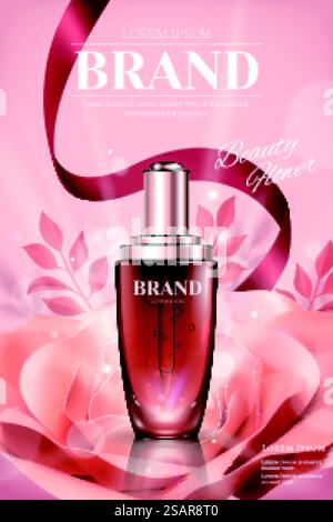 Droplet bottle ads with romantic paper rose and ribbons in 3d illustration. Cosmetic droplet bottles ads Stock Vector