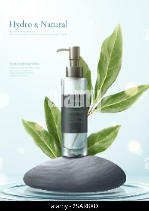 3d illustration of herbal cosmetic ad, simple and natural skincare concept, mock-ups set on grey pebbles with lemon eucalyptus leaves. Healthy beauty product ad template Stock Vector