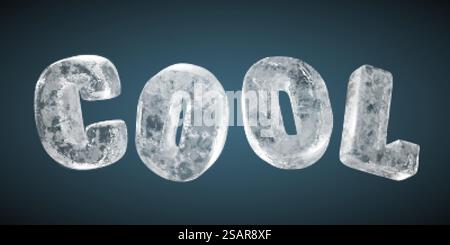The word COOL made from realistic frozen ice, isolated on dark blue background, 3d illustration. 3d illustration of frozen letters Stock Vector