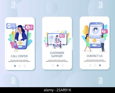 Call center, Customer support, Contuct us mobile app onboarding screens. Menu banner vector template for website and application development.. Call center mobile app onboarding screens vector template Stock Vector