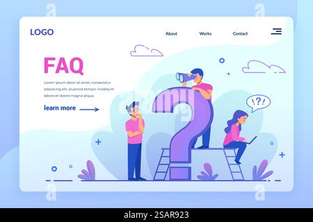 FAQ landing page. Online customer support service. Frequently asked questions concept. Website interface design with buttons and exclamation mark. Modern web assistance, vector colorful UI template. FAQ landing page. Online customer support service. Frequently asked questions concept. Website interface design with buttons and exclamation mark. Web assistance, vector UI template Stock Vector