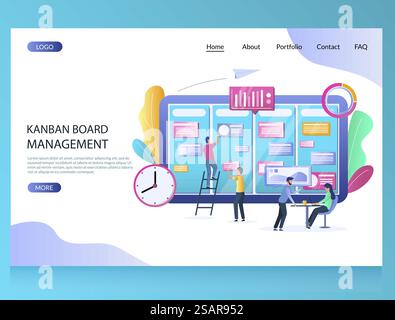 Kanban board management vector website template, web page and landing page design for website and mobile site development. Kanban methodology for agile software development concept with characters.. Kanban board management vector website landing page design template Stock Vector