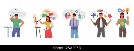 Mindset types. Cartoon creative logical structural and imaginative characters with different way of thinking. Mind work. Mental individuality concept. Brain organization. Vector solving problems set. Mindset types. Creative logical structural and imaginative characters with different way of thinking. Mind work. Mental individuality. Brain organization. Vector solving problems set Stock Vector