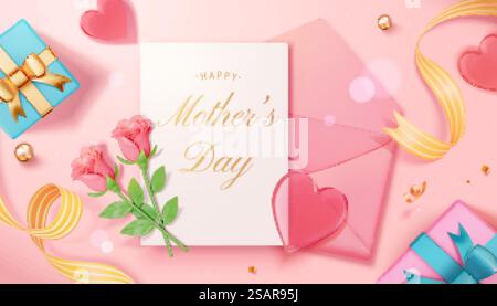 3D Illustration of an envelope with a letter, two roses stems, and two gift boxes in flat lay decorated with some red hearts. Template suitable for Mother&rsquo;s Day, Women&rsquo;s Day, and wedding invitation. Mother&rsquo;s Day love letter template Stock Vector