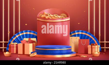 3d podium background for CNY. Beautiful blue stage in front of big red envelope with gift shopping objects placed aside on red backdrop. 3d podium background for CNY Stock Vector