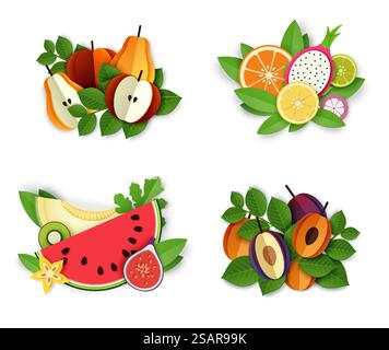 Ripe fresh fruit and berries composition set, vector isolated illustration. Paper cut craft style apple, pear, apricot, plum, melon, watermelon, citrus and tropical fruits. Packaging labels, stickers.. Fruits and berries composition set, vector isolated illustration in paper art style. Stock Vector