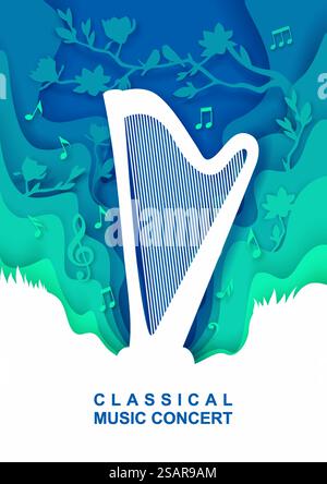 Vector paper cut craft style creative musical background with harp musical instrument, music notes, birds on tree branch. Classical music concert poster, banner, flyer, invitation template.. Classical music concert poster, banner, flyer, invitation template, vector paper cut illustration. Stock Vector