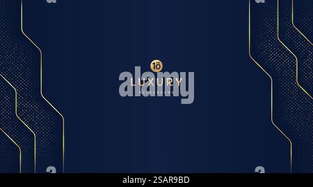Dark navy blue and gold geometric shapes on background with glowing golden striped lines and glitter. Luxury and elegant. Abstract template design. Design for presentation, banner, cover. EPS10 vector Stock Vector