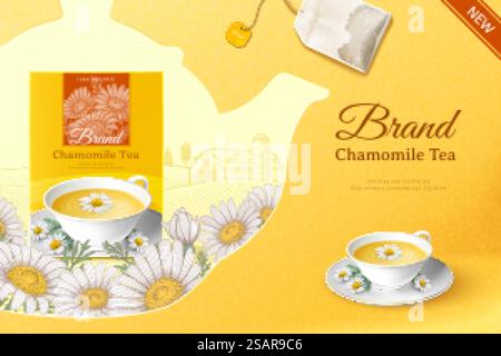 Chamomile tea bag promo Stock Vector
