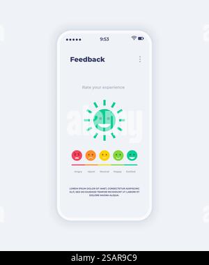Feedback mobile app. Smartphone onboard screen with emoticons and mood gradation. Customer review application. Isolated interface with colorful angry and excited smileys. Vector modern UI template. Feedback mobile app. Smartphone onboard screen with emoticons and mood gradation. Customer review application. Isolated interface with angry and excited smileys. Vector UI template Stock Vector