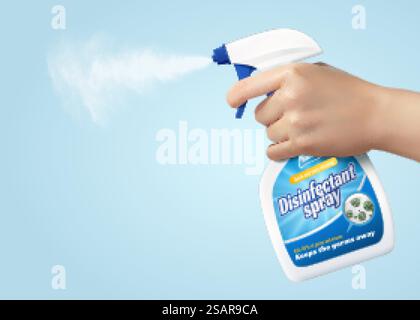 3d illustration of female hand holding plastic spray bottle and spraying liquid. Realistic element isolated on light blue background, suitable for house cleaning or odor removing.. Cleaner spraying liquid Stock Vector