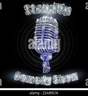 Stand up comedy show sign, vector low poly wireframe mesh. Standup show retro banner with microphone and glowing lights, polygonal art style illustration.. Stand up comedy show sign, vector polygonal art style illustration Stock Vector