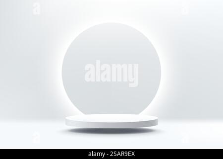 Abstract 3D silver cylinder pedestal podium floating on air with glowing neon ring background. Silver wall scene for product display presentation. Vector rendering geometric platform futuristic design Stock Vector