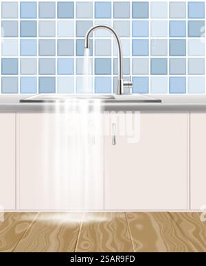 Water leaking out of kitchen sink, vector realistic illustration. Clogged waste pipe, plumbing accident concept.. Clogged waste pipe, plumbing accident vector illustration Stock Vector