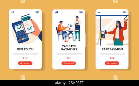 Online payment with phone screens. Money transfer. Cashless pay for purchases and travel in transport using mobile. Modern banking application interface. Vector financial smartphone app mockup set. Online payment with phone screens. Money transfer. Cashless pay for purchases and travel in transport using mobile. Banking application interface. Vector financial smartphone app set Stock Vector