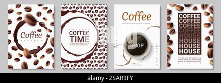 Coffee posters. Time for drinking. Round cup dark stains and white mug full of espresso. Silhouettes or realistic beans. Collection of flyers and booklets with hot caffeine beverages. Vector banners. Coffee posters. Time for drinking. Cup dark stains and white mug full of espresso. Silhouettes or realistic beans. Vector collection of flyers and booklets with hot caffeine beverages Stock Vector