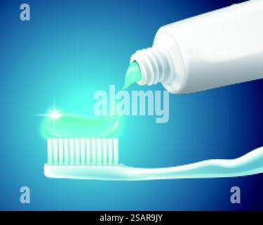 Squeezed toothpaste on toothbrush over blue background in 3d illustration. Squeezed toothpaste on toothbrush Stock Vector
