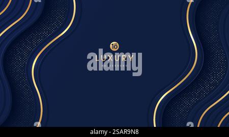 Abstract dark navy blue and gold curve wavy shapes on background with glowing golden striped lines and glitter. Luxury and elegant. Design for presentation, banner, cover. vector EPS10 Stock Vector