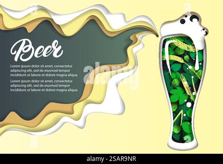 Beer poster design template, vector illustration in paper art modern craft style. Creative composition with beer mug and hop branches, wheat ears inside, beer hand lettering typography.. Beer poster design template, vector paper cut illustration Stock Vector