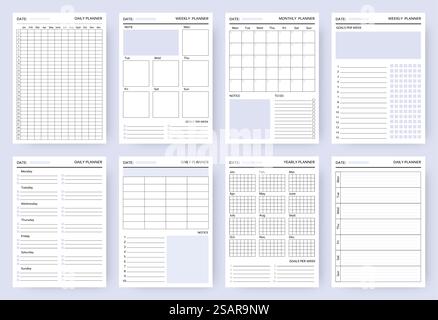 Organizer. Planner blank pages mockup, business diary and daily to do list. Unfilled paper sheets for writing goals for week and month. Reminders template with copy space. Vector set for scheduling. Organizer. Planner blank pages, business diary and daily to do list. Paper sheets for writing goals for week and month. Reminders template with copy space. Vector set for scheduling Stock Vector